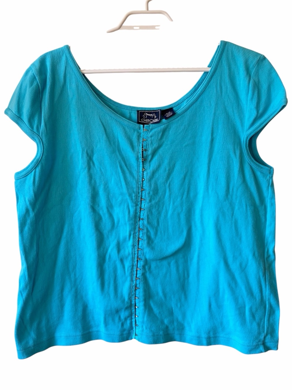 Cherokee Turquoise Front Clasp Scoop Neck Baby Tee Y2K Casual Stretch Top Cotton
